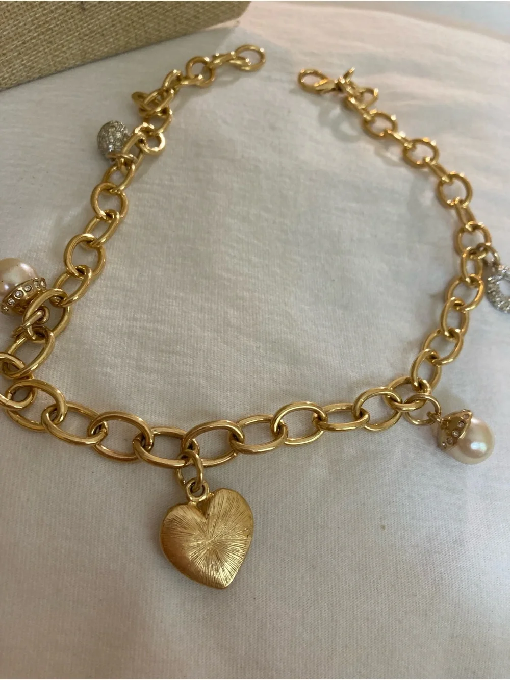 Charm Necklace Hearts Faux Pearls Rhinestones
